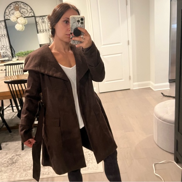 NWT Dark Brown Faux Wool Wrap-Tie Coat - Picture 2 of 13